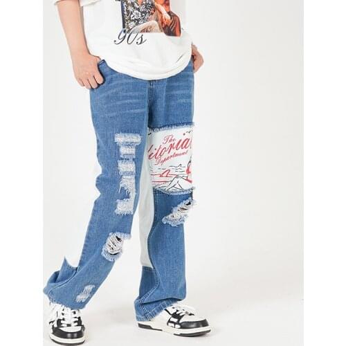 Harajuku Retro Hole Spliced Jeans Pants Men and Women Washed Straight Oversize Denim Trousers Loose High Street Casual Jean