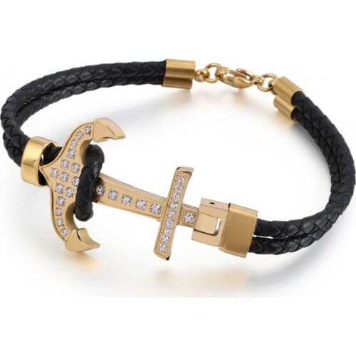 European and American fashion anchor titanium steel leather bracelet retro mens stainless steel trend jewelry