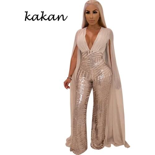Kakan 2019 spring new womens sequins one-piece tights sexy deep V-neck chiffon bodysuit irregular backless hollow jumpsuit