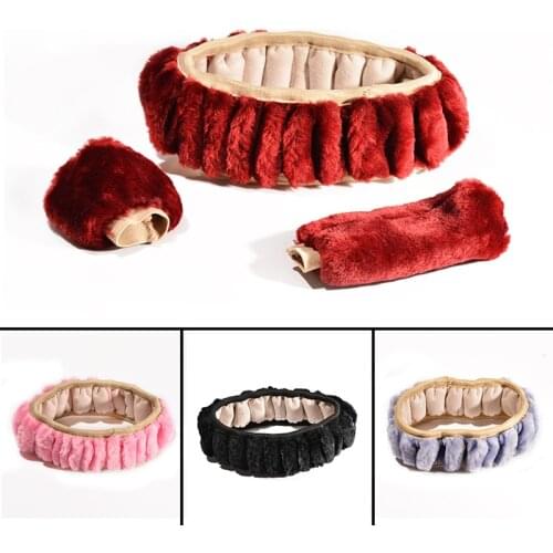 3Pcs Soft Plush Spring Steering Wheel Cover Kit With Stop Lever+Hand Brake Wool Cover Winter Warm Auto Car Interior Accessory
