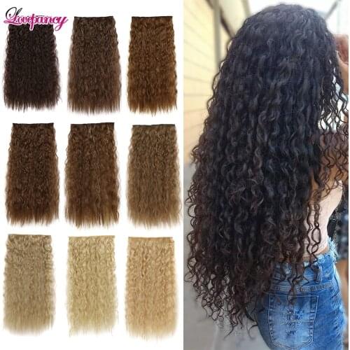 Lovepancy Synthetic Clip In Curly Hair Extensions One Piece 5 Clips On Corn Wave Long Wavy Heat Resistant Black Blonde Dark Brow