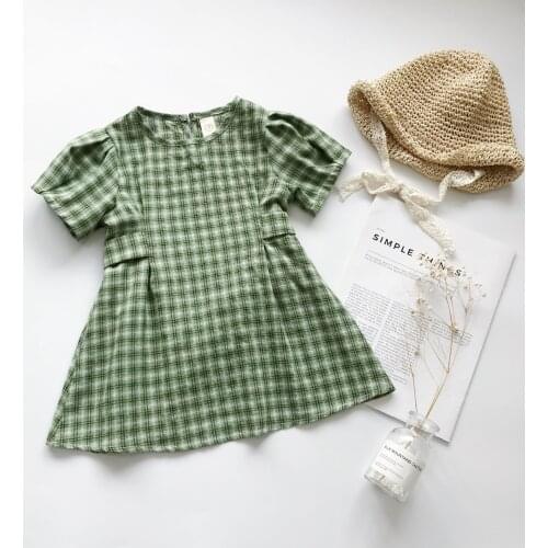 Summer new Korean girls' little fresh green Plaid Cotton Baby Girl Dress