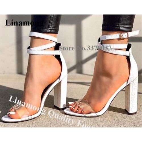 Linamong Fashion One PVC Strap Chunky Heel Gladiator Sandals White Snake Leather Ankle Straps Thick High Heel Sandals Heels