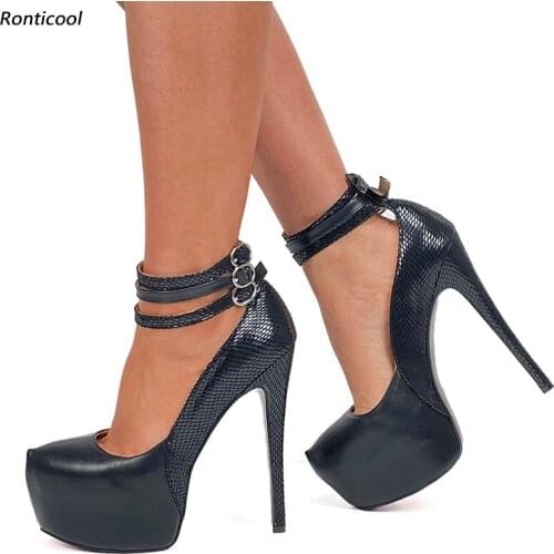 Ronticool Fashion Women Spring Snake Pumps Ankle Strap Sexy Stiletto Heels Round Toe Elegant Black Dress Shoes US Plus Size 5-20