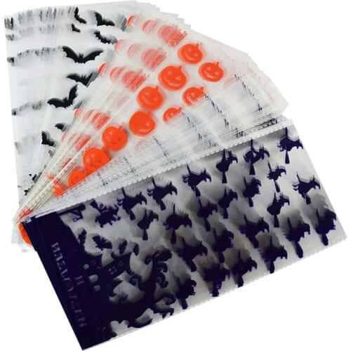 50pcs Halloween Decoration Pumpkin Witch Bat Pattern Candy Bags Snack Cookies Packaging Gift Bag Halloween Festival Party Decor