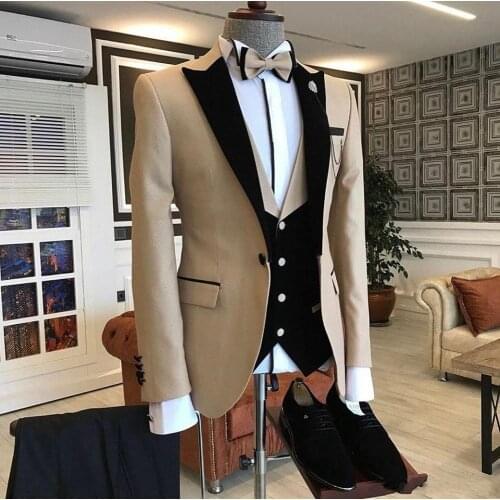 Latest Coat Pant Designs Beige Men Suit Prom Tuxedo Slim Fit 3 Piece Groom Wedding Suits For Men Custom Blazer Terno Masuclino
