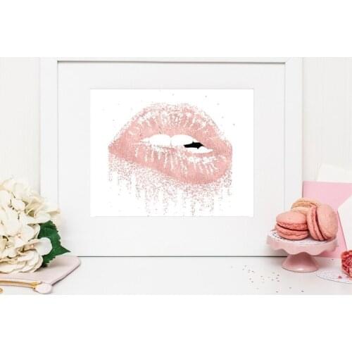 Lips Biting Prints Wall Art Dripping Lips Glitter Lip Canvas Painting Rose Gold Sexy Lips Sublimation Picture Girls Room Decor