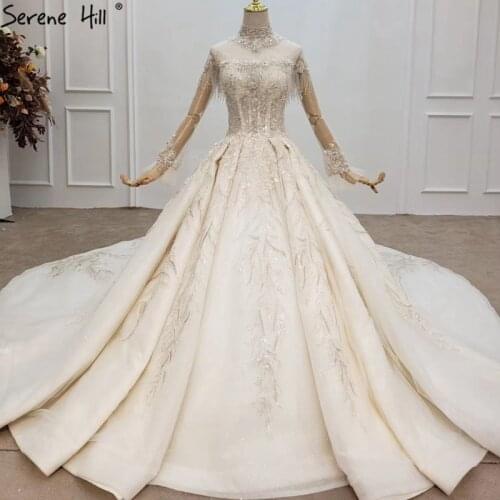 Champagne Tassel Beading Luxury Wedding Dresses 2020 Dubai High-end Long Sleeves Sparkle Bridal Dress HX0142 Custom Made
