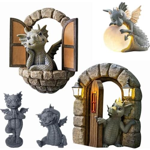 Garden Dragon Meditated Statue Small Dinosaur Shape Meditation Sculpture Resin Ornament Outdoor Yard Decoration Dragon Meditated