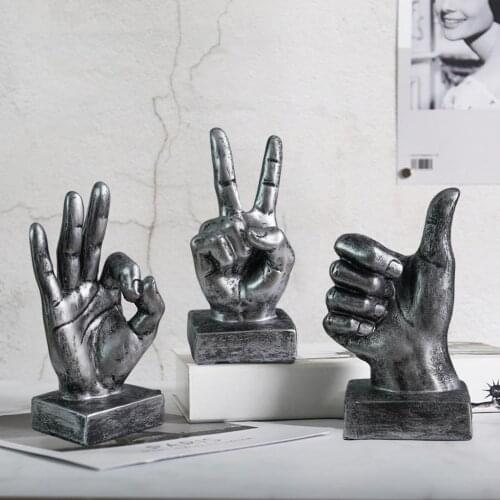 Silver Resin Hand Gesture Desk Statues Finger Sculptures Decor - for Living Room Bedroom Office Desktop