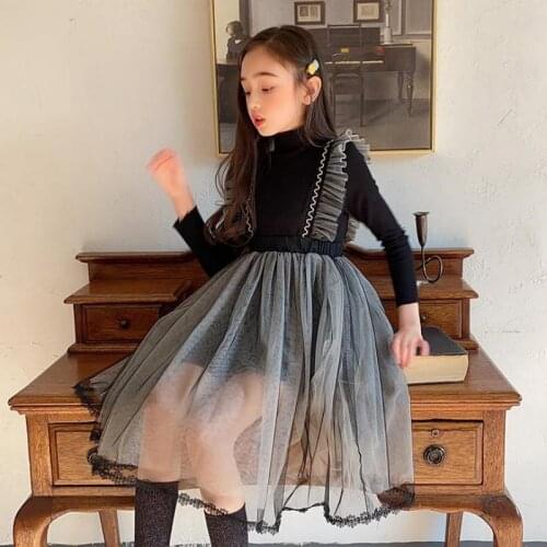 Spring Dress Knitwear Suit For 5 - 12 Years Girls Long Sleeve Soft Knotwear Tops Mesh Loose Hem Gowns Child Party Clothing Set