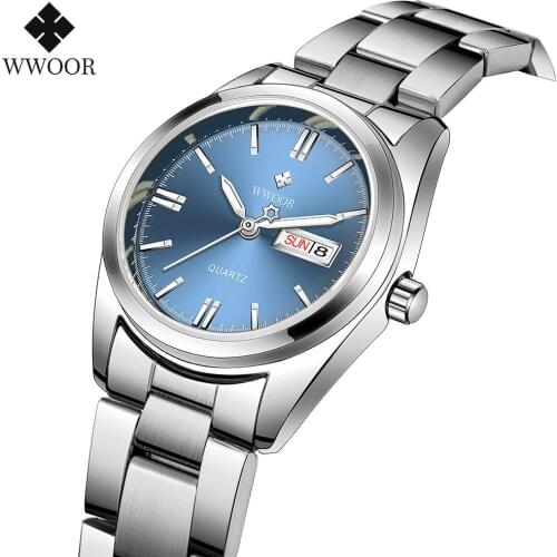 WWOOR 2021 New Top Luxury Brand Women Silver Blue Watch Fashion Stainless Steel Quartz Elegant Waterproof Wristwatch Reloj Mujer