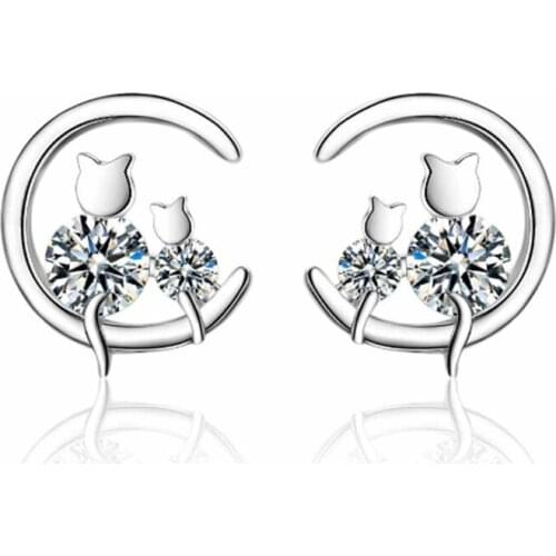 Sweet temperament personality fashion wild single crystal moon cat female models silver plated stud earrings WE130