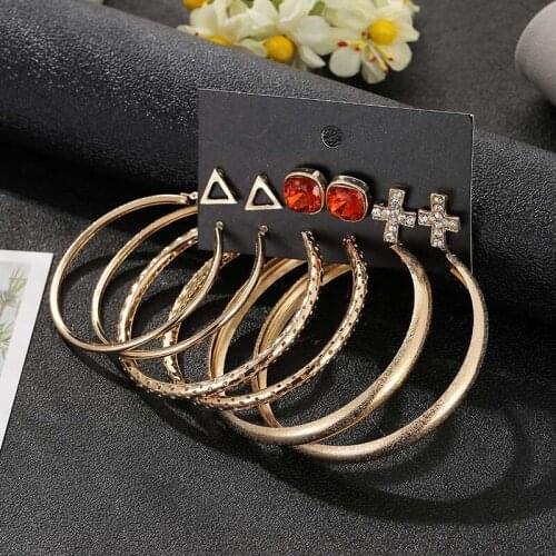 New punk big golden round circle hoop earrings for women girl trendy geometric triangle square cross rhinestone wedding earrings