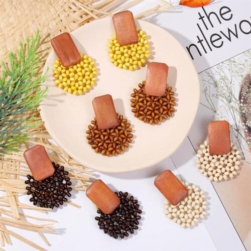 Vintage Creative Ethnic Geometric Square Wooden Drop Earrings For Women Fashion Handmade Wood Beaded Dangle Earring Jewelry Gift
