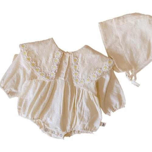 0-2 Years Old Cotton Baby Girl With Hat Daisy Romper 2021 Spring Autumn Baby Square Collar Western Style Long-sleeve Bag Fart