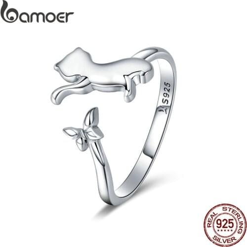 BAMOER Authentic 925 Sterling Silver Butterfly Tail Cat Adjustable Finger Rings for Women Sterling Silver Ring Jewelry SCR443