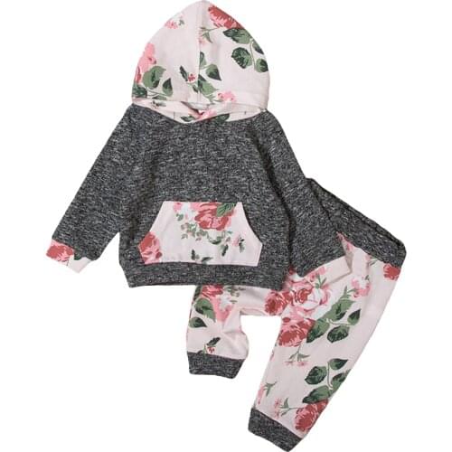 2021-05-20 Lioraitiin 2 Pcs 0-24M Infant Baby Girls Casual Outfits Color Block Flower Print Long Sleeve Hoodie Pocket Trousers