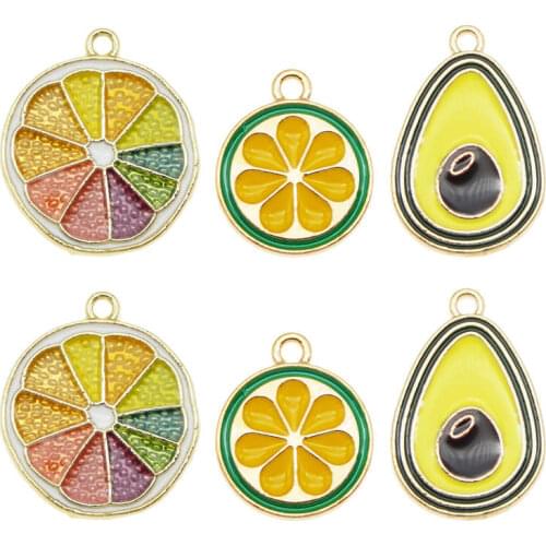Julie Wang 6PCS Enamel Artificial Fruit Charms Mixed Orange Lemon Avocado Slice Alloy Gold Tone Jewelry Making Accessory