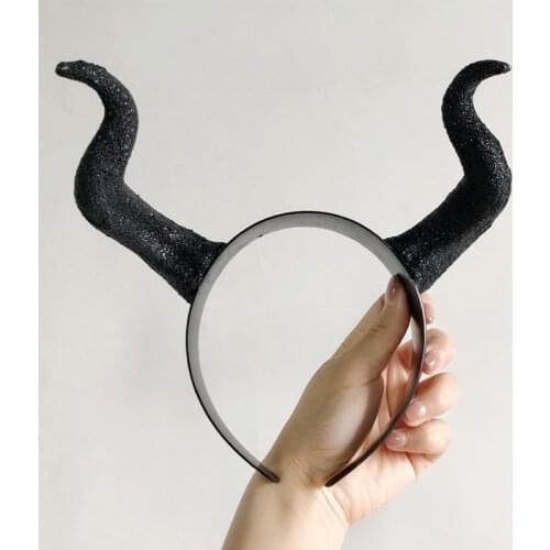 Halloween Witch Black Long Ox Horn Headband Evil Queen Cosplay Glitter Hair Hoop