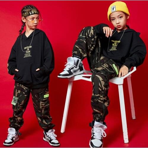 Kids Hip Hop Clothing Boys Black Sweatshirt Tops Camouflage Pants Street Dance Stage Outfit Modern Jazz Dance Costume BL5194