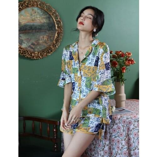 Maison Gabrielle 2021 New Summer Boho Printed Pajamas Set Loungewear Sleepwear for Women Short Sleeve 2 Pieces Silk Satin Suits