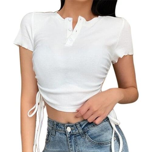 Women Breathable Summer Lady Crop Top Temperament Solid Color Lace Up Short Sleeve Slim T-shirt Casual Base for Dating Vacation