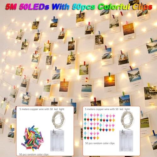 String Lights with Clips Hanging Pictures Photo 5M 16.4ft 50 LED Lights with 50 Colorful Battery USB Operated Perfect Decor D30