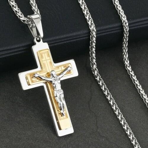 Christ Holy Crucifix Cross Pendants Necklaces for Men Stainless Steel Jesus Catholic Braided Link Chain Necklaces NC132