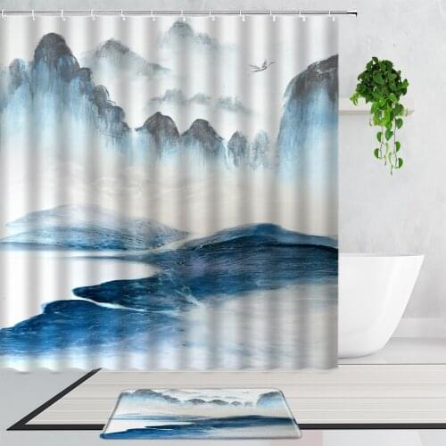 Chinese Landscape Shower Curtains Mountain Water Forest Ink Painting Scenery Bathroom Decor Curtain Set Non-Slip Bath Mat Carpet