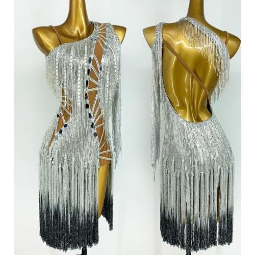 Latin Dance Performance Costume Women Girls Latin Competition Dress Rhinestone Silver Tassel Practice Clothing Stage Wear BL6590