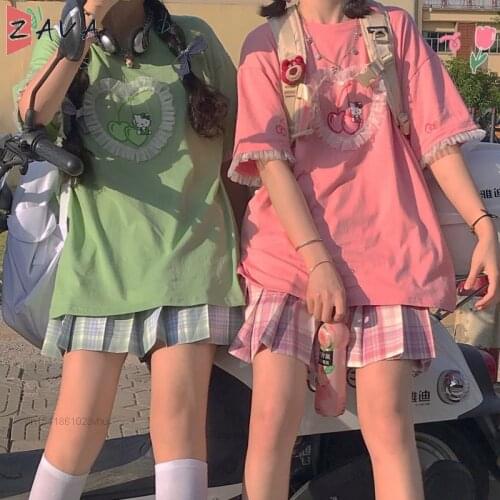 Summer Street Hello Kittyed Cherry Print Lace Short Sleeve T-shirt Women Harajuku Japan Style Sweet Cute Girls Tops Tee T Shirt