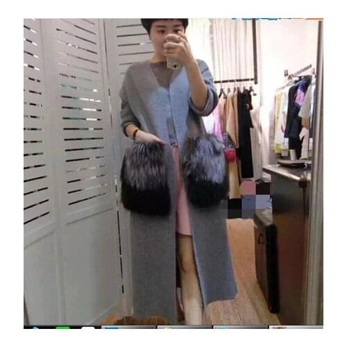 New winter coat mink cashmere in the long section of large pockets of silver fox fur coat colorwhole luxurycardiganCan wholesale