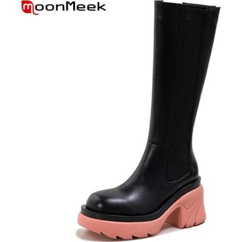 MoonMeek 2022 New Arrival Knee High Boots Lady High Heels Platform Shoes Elastic Hot Sale Women Winter Shoes Genuine Leather