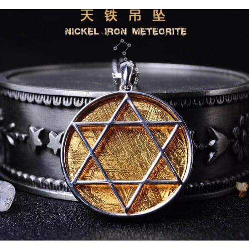 Genuine Natural Gibeon Meteorite Moldavite Women Men Necklace 27x27mm Gold Plated Jewelry Hexagonal Star Gemstone Pendant AAAAA