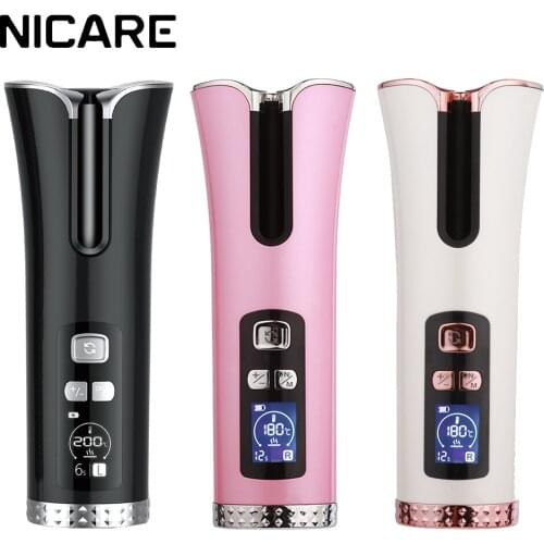 NICARE Cordless Hair Curler Automatic Curling Iron with LCD Display Timer Adjustable Temperature USB Rechargeable Hair Wave Tool