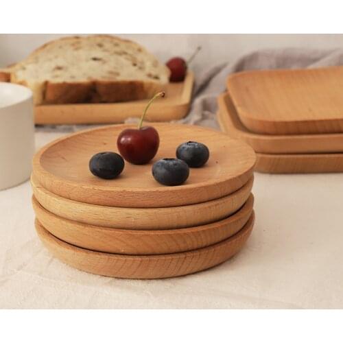Wood Plate Fruit Dishes Saucer Tea Tray Dessert Dinner Plate Round Shape Square Wooden Pan Baking Platter Tableware Set Utensils