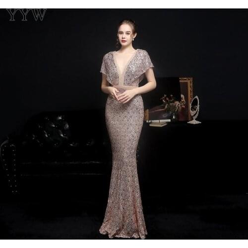 Luxury 2021 Party Elegant Woman Evening Dress Gown Sexy Deep V Neck Sequin Long Evening Dresses vestido de fiesta de boda