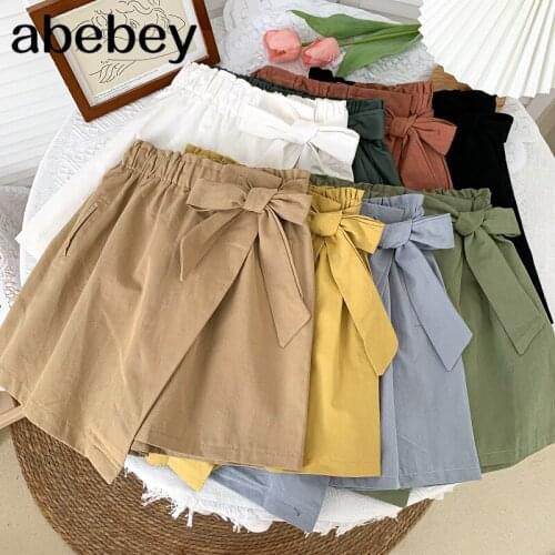 2021 New Summer Sweet All-match solid Shorts lace up Bow Elastic Waist irregular casual Shorts wide leg Shorts
