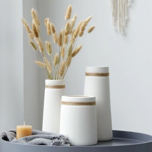Modern Flowers Vase White Ceramic Office desktop Vase with Hemp Rope for Dried Flower Centerpiece Crafts Home Table Decoration