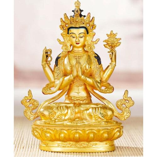 Old Handpainted Bronze Buddha Statue Gilt Four-armed Guanyin Bodhisattva Tara