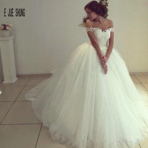 E JUE SHUNG African Ball Gown Wedding Dresses Off Shoulder Lace Up Back Appliques Beaded Gorgeous Bridal Gown robe de mariée