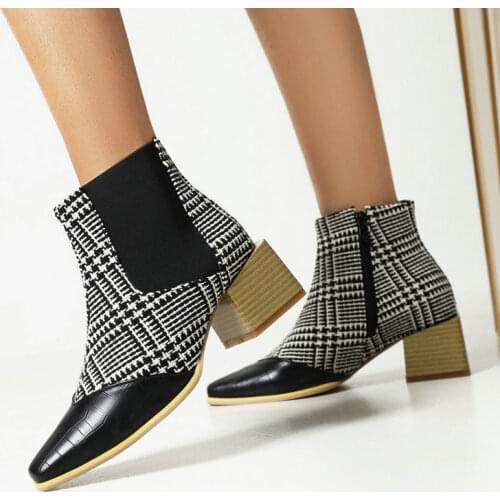2021 Spring Autumn Women Boots Chunky Heel Ankle Boots Fashion Lattice Winter Zipper Woman Boots Shoes Big Size 41 42 43