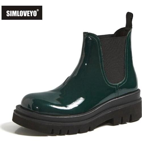SIMLOVEYO Genuine Leather High Platform Slip On Mid calf Bootie Woman Designer Autumn Shoe Zapatillas Mujer Chelsea Boots 42