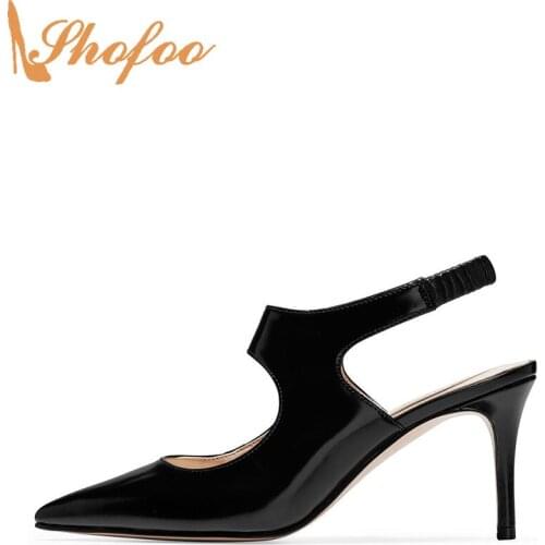 Black Slingback Women Pumps High Thin Heels Pointed Toe Elastic Band Large Size 10 15 Ladies Summer Fashion Mature Shoes Shofoo
