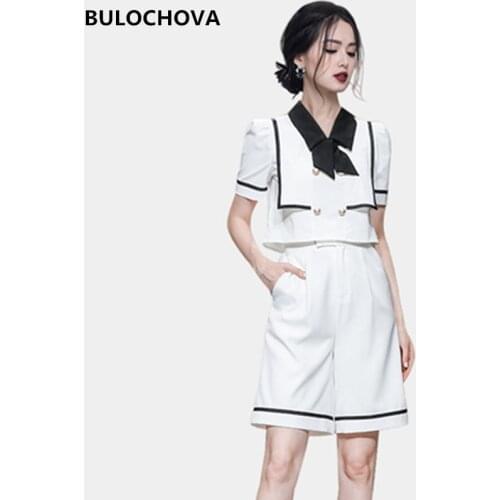 High Quality Women Summer Pants Suit 2021 Newest Students Fashion Pullovers V Neck Short Tops + Knee Length 2 Pieces Set Female