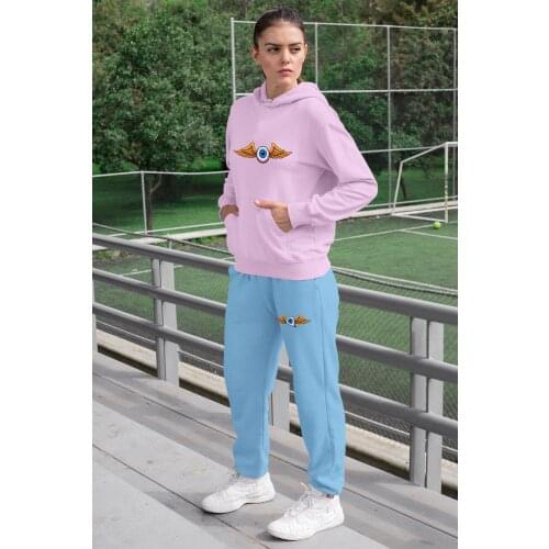 Angemiel Wear Kantalı Eye Women Tracksuit Set Pink Hooded Sweatshirt Blue Sweatpants