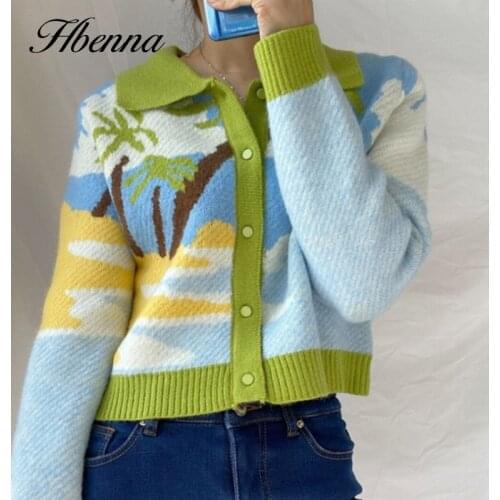 Hbenna Turn-down Button Long Sleeve Knitted Cardigan Women Orange Print Embroidery Fashion Casual Warm Y2K Sweater Cardigan