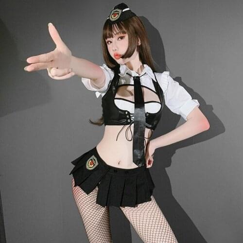 Cosplay Lingerie Feminina Uniform Hollow Breastless Japanese Police Suit Exotic Apparel Sexy Costume Temptation Patent Leather