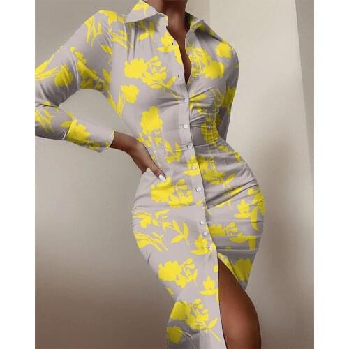 Wsevypo Elegant Fashion Button Front Midi Shirts Dress Autumn Spring Women Ladies Floral Wrap Bodycon Dress Floral/Striped